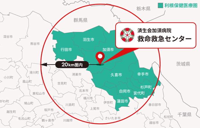 済生会加須病院救命救急センターがカバーするエリアを表すマップ